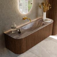 Badmeubel Mondiaz Kurve-Dlux | 140 cm | Meubelkleur Walnut | Wastafelkleur Oza | Solid surface | Wasbak midden spoelbak | Zonder kraangat(en) Badmeubel Mondiaz Kurve-Dlux | 140 cm | Meubelkleur Walnut | Wastafelkleur Oza | Solid surface | Wasbak midden spoelbak | Zonder kraangat(en)