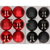 12x stuks kunststof kerstballen mix van rood en zwart 8 cm   -