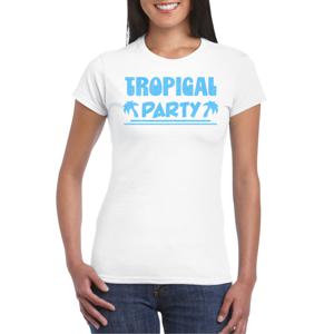 Tropical party T-shirt voor dames - met glitters - wit/blauw - carnaval/themafeest