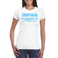 Tropical party T-shirt voor dames - met glitters - wit/blauw - carnaval/themafeest - thumbnail