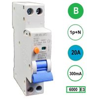 Aardlekautomaat 20A B KAR 300mA 2 polig 18mm breed Kema Keur 230V automaat en aardlek in een module