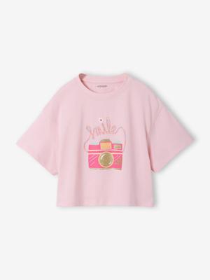 Cropped meisjesshirt met korte mouwen roze (poederkleur) Cropped meisjesshirt met korte mouwen roze (poederkleur)