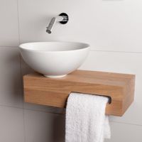 Wiesbaden Oak houten toiletset compleet met Hotbath inbouwkraan, Wiesbaden waskom mat wit links, houten blad, sifon en afvoerplug chroom sw1175/sw23941/sw296051/sw440854/sw450729/