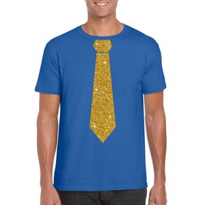 Blauw fun t-shirt met stropdas in glitter goud heren