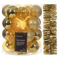 Kerstversiering set - goud - kerstballen 6 cm en slinger - kunststof - Kerstbal - thumbnail