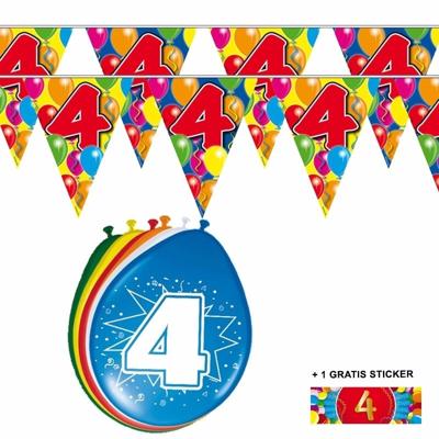 Shoppartners 4 jaar versiering set - kamer - 2x vlaggenlijnen - 8x ballonnen - gratis sticker