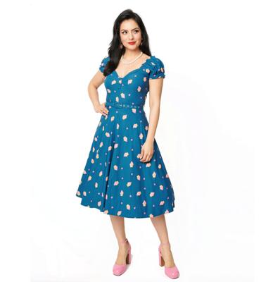 Unique Vintage Ohara Cupcake Stamp Swing Dress Teal-L