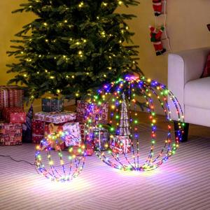 2 Voorverlichte Kerstornamenten 30 en 56 cm Verlicht Metalen Frame 440 Gekleurde LED-Lampjes Staande of Hangende Ornamenten