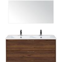 Porto Badmeubelset 120 cm - 2 Laden Walnoot - Keramische Wastafel Wit Slim met Spiegel
