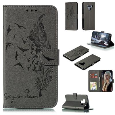 Feather patroon Litchi textuur horizontale Flip lederen draagtas met portemonnee & houder & kaartsleuven voor LG K50 (grijs)