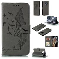 Feather patroon Litchi textuur horizontale Flip lederen draagtas met portemonnee & houder & kaartsleuven voor LG K50 (grijs)