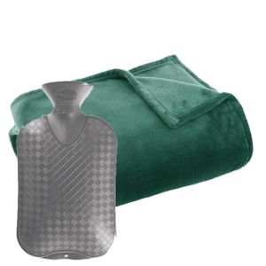 Fleece deken/plaid Groen 130 x 180 cm en een warmwater kruik 2 liter