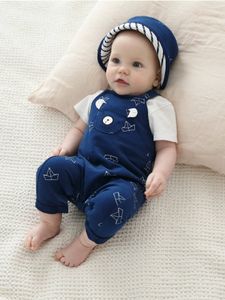 Set baby hoedje, romper en salopette wit/blauw