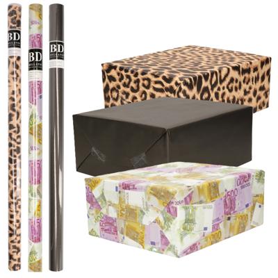 Inpakpapier Cadeaupapier - Kleurenmix - 6x stuks rollen - geld - panter - nacht zwart