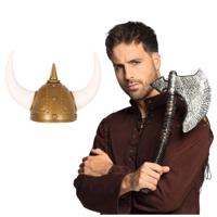 Vikingen/noormannen verkleed set - 2 delig - heren - helm met hoorns - Hakbijl 46 cm