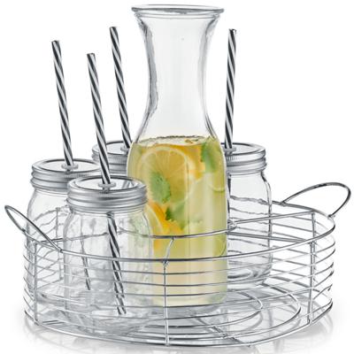 Zeller Water of sap Karaf - met 6 Mason Jars glazen - Glas - Metalen Houder - 1 Liter