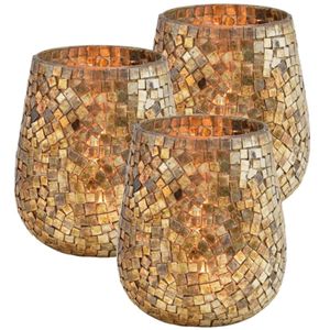 Set van 3x stuks glazen design windlicht/kaarsenhouder mozaiek champagne goud 15 x 13 cm