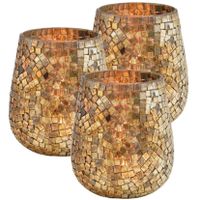 Set van 3x stuks glazen design windlicht/kaarsenhouder mozaiek champagne goud 15 x 13 cm - thumbnail