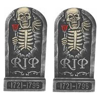 Set van 2x stuks horror kerkhof decoratie grafsteen RIP skelet met roos 32 x 65 cm - Feestdecoratievoorwerp - thumbnail