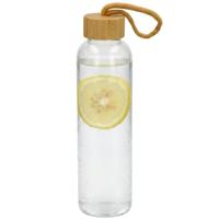 Gerimport Waterfles / drinkfles - glas - transparant - met houten dop - 600 ml - D7 cm