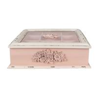 Clayre & Eef Theedoos 9 vakken 32x26x9 cm Roze Houtproduct Rechthoek