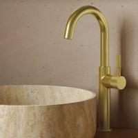 Wastafelkraan SaniClear Highriser Curved | Opbouw | Mengkraan | Hoog model | Geborsteld messing - mat goud
