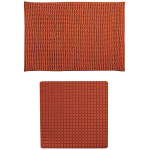 MSV Douche anti-slip mat en droogloop mat - Sevilla badkamer set - rubber/microvezel - terracotta