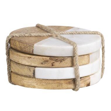 Onderzetter mangohout/wit marmer - Ø10 cm - 4 stuks - Leen Bakker