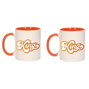 2x stuks mok/ beker wit en oranje Koningsdag King met kroontje 300 ml - feest mokken