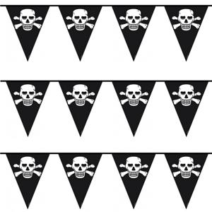 Piraten vlaggenlijn - 3x - zwart - 10 meter - plastic - feestversiering - piratenversiering