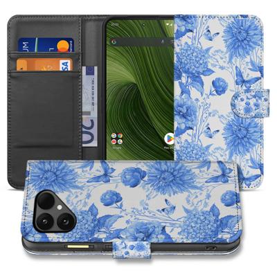 Robuuste Bookcase Hoesje Voor Fairphone 6 Met Blauw Bloemen Design En Pasjeshouder