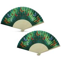 Spaanse hand of deco waaier met vlinders print - 2x - Decoratie vlinderprint - verkoeling zomer