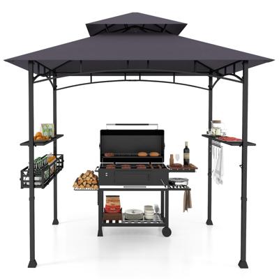 Grillpaviljoen met Dubbele Dak & Zijkasten & Metalen Mand Grilloverkappingen Grillonderstand Donkergrijs