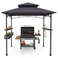 Grillpaviljoen met Dubbele Dak & Zijkasten & Metalen Mand Grilloverkappingen Grillonderstand Donkergrijs
