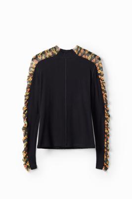 Geribd tulen T-shirt tule bloemen - BLACK - XL