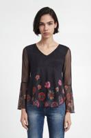 Gebloemd T-shirt met transparanties - BLACK - XL