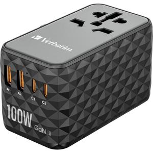 Verbatim UTA-06 GaN III USB-oplader 100 W 2x USB-A, 2x USB-C USB PD, USB PD 3.0, QC 4+, Fast Charge, SuperCharge, Adaptive Fast Charge, PPS Zwart, Grijs GaN