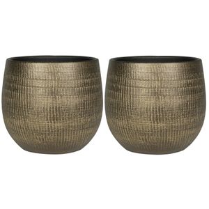 2x stuks plantenpotten/bloempotten in een strakke Modern design look metal goud Dia 22 cm en Hoogte