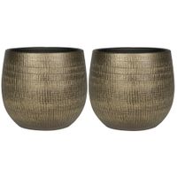 2x stuks plantenpotten/bloempotten in een strakke Modern design look metal goud Dia 22 cm en Hoogte - thumbnail