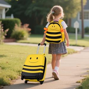 Tweedelige Kinderkoffer met Wieltjes Draagbare Bijenkoffer en Rugzak met Anti-verloren Koord en Intrekbaar Handvat