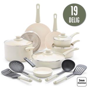 COOCK 19-Delige Pannenset – Anti-Aanbak Coating - Ergonomische Handgrepen - Wit - Inclusief Onderzetters en E-book