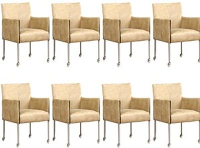 Set van 8 Feloranje leren moderne kuipstoel More - poot rond rvs met wiel - Kenia Leer Taupe (feloranje leer)