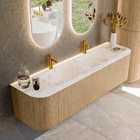 Mondiaz KURVE-DLUX 170 cm Onderkast Greeploos 1 Lade Met Deuren Oak, Wastafel Solid Surface Dubbel Frappe 2 Kraangaten Zonder Spiegel (KRVLEA170L+R1L2D2KD-Oak/Fra)