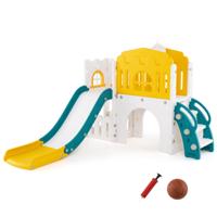 Kinder Glijbaan 9 in 1 Kinderglijbaan met Basketbalring Klimrek Tunnel Telescoop & Opbergruimte Geel+Groen