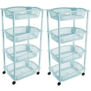 2x stuks keuken opberg trolleys/roltafels met 4 manden 86 cm lichtblauw