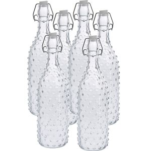 6x Glazen flessen transparant stippen met beugeldop 1000 ml