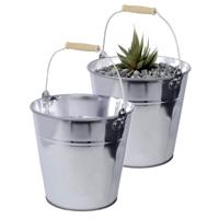 Zinken emmer/plantenpot - 2x - zilver - 12 liter - met houten handvat