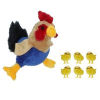 Pluche kippen/hanen knuffel van 20 cm met 6x stuks mini kuikentjes 3,5 cm - Feestdecoratievoorwerp