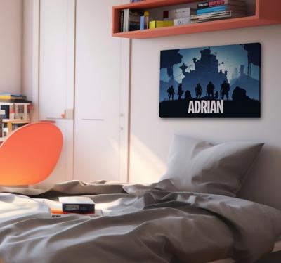 Blauw canvas games karakters naar kasteel