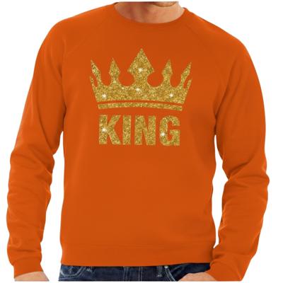 Koningsdag verkleed sweater heren - oranje - King - glitter goud - kroon